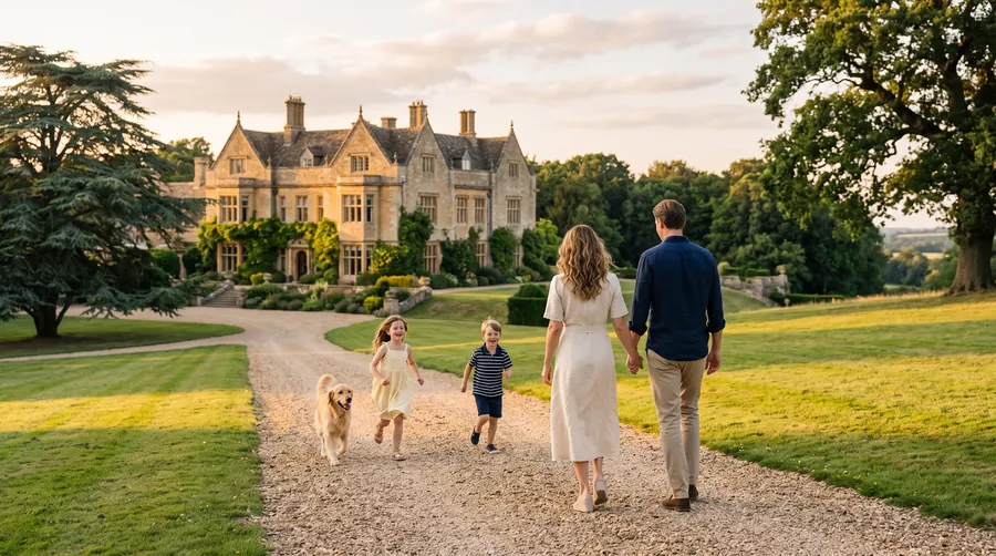 A family walking up the drive of a country house at golden hour
